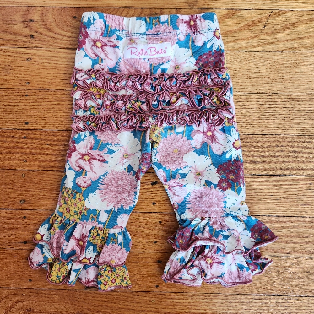 Ruffle Butts Dusty Rose Floral Ruffle Bell Bottom Flare Panta 6-12M Baby Girl